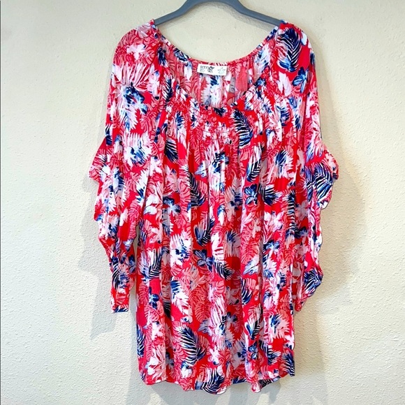 Women’s tropical floral popover blouse with sleeve detail plus size 1X - Picture 1 of 7